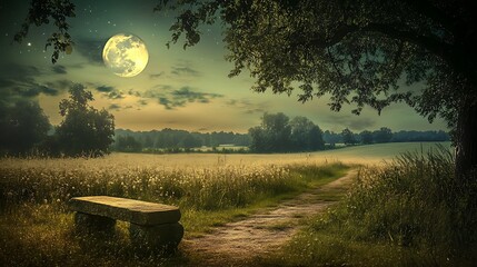 Wall Mural - Serene Moonlight Field Path Stone Bench Scene