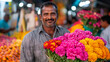 © pattaphorn - A smiling man holds a vibrant bouquet of flowers amidst a bustling market, capturing the essence of local floral culture and commerce.
