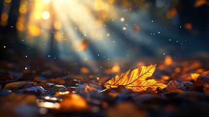 Canvas Print - A close-up of a glowing autumn leaf among fallen leaves, illuminated by soft sunlight filtering through trees, creating a serene atmosphere, Ideal for nature-themed projects or seasonal marketing,