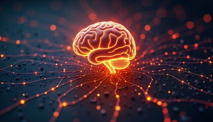 Aufkleber - Futuristic digital brain linked to neural networks. Advanced intelligence tech. AI process info. Potential tech. Image shows glowing digital brain. Connected with network. Dark background. High tech