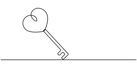 Poster - Love Keys Black Stroke Linear Icon, Continuous one line drawing of a heart shaped lock and key. Vector illustration, Key with heart in single continuous line. One line drawing. Line icon. Old key. 