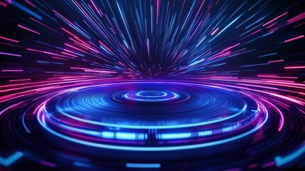 Aufkleber - Abstract glowing tech circular turntable rotates fast. Neon lines burst in vibrant colors. Dynamic digital design. Futuristic concept for tech, gaming, music visual. High-speed lines create speed,