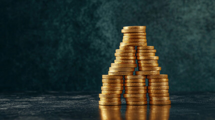 A stack of gold coins arranged in a pyramid formation against a dark textured background, symbolizing wealth and prosperity.