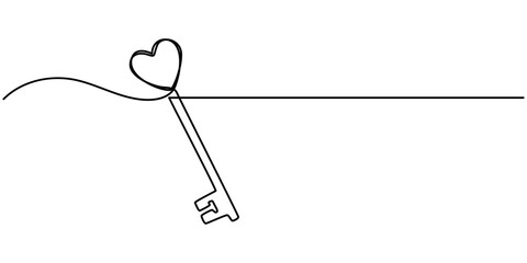 Poster - Love Keys Black Stroke Linear Icon, Continuous one line drawing of a heart shaped lock and key. Vector illustration, Key with heart in single continuous line. One line drawing. Line icon. Old key. 