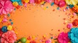 © Viktor - Vibrant colorful paper flowers, confetti create festive Cinco de Mayo background. Bright blossoms, decorations suggest celebration, party atmosphere. Flat lay overhead view offers space for text