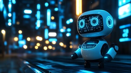 Poster - Futuristic robot standing in a vibrant city at night.