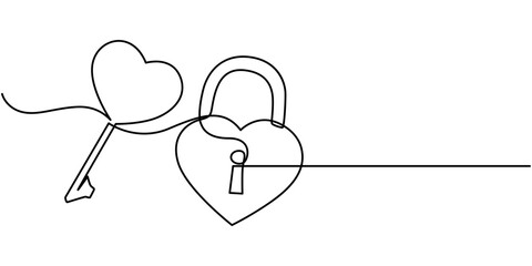 Aufkleber - Continuous line drawing heart shaped lock. Love concept. Vector illustration, Continuous one line drawing of padlockwith key hole. Padlock shapped love line art vector illustration, Heart lock, One. 