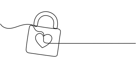 Aufkleber - Continuous line drawing heart shaped lock. Love concept. Vector illustration, Continuous one line drawing of padlockwith key hole. Padlock shapped love line art vector illustration, Heart lock, One. 