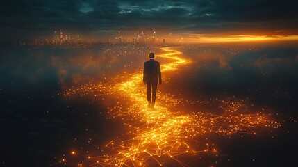 Poster - Businessman Walking Along Glowing Digital Pathway Towards Futuristic City Skyline Business Networking Concept