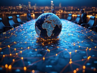 Poster - Holographic Globe Over Conference Table Illustrating Global Business Networking and Strategy