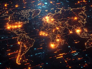 Wall Mural - Glowing Digital World Map Symbolizing Global Business Networks