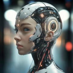 Poster - Young cyborg woman with futuristic tech features. AI concept. Modern tech and innovative design. Cyberpunk style. Artificial intelligence and woman. Serious expression. Tech face and neck details.