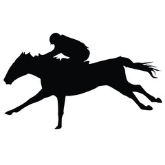 Black silhouette of horse and jockey in full gallop. Horse race