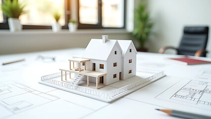 Wall Mural - modern architectural model, miniature house design, 3d floor plan, blueprint sketches, drafting tool
