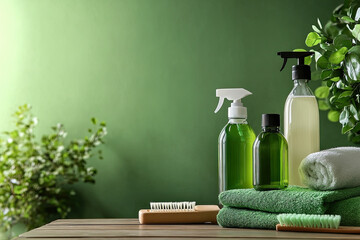 Wall Mural - Eco-friendly cleaning products in glass bottles, promoting sustainable home care