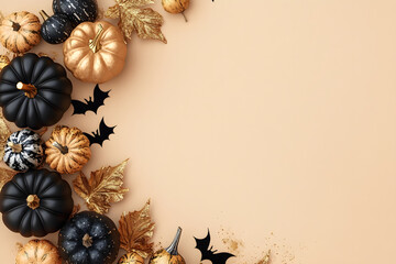 Canvas Print - border from black and gold halloween pumpkins with party decorations on beige background top view. m