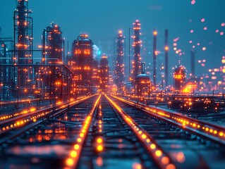 Poster - glowing futuristic industrial city with interconnected data streams and skyscrapers
