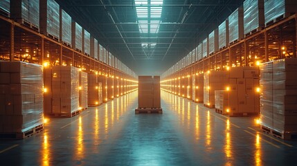 Wall Mural - Autonomous Logistics Warehouse with Drones and Robotic Forklifts Under Bright Industrial Lighting