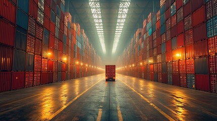 Poster - Vast Industrial Warehouse with Robotic Loaders Transporting Stacked Shipping Containers under Dim Lighting