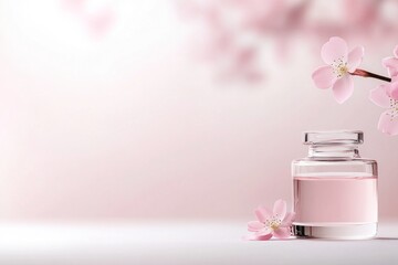Poster - Close-up of elegant perfume bottle on soft pink background with flowers and petals