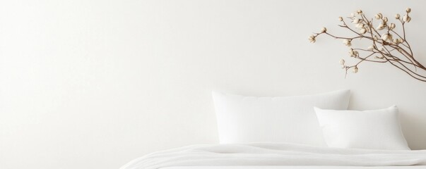 Poster - This serene bedroom showcases a minimalist design with white bedding and a simple floral arrangement, creating a peaceful and inviting atmosphere that promotes relaxation and tranquility
