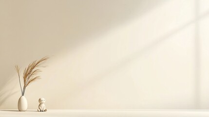 Poster - The composition features a sleek vase holding dried grass next to a small decorative figure on a clean, light surface, illuminated by soft natural light
