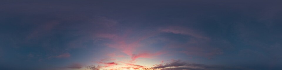 Wall Mural - dark sunset sky with glowing pink cirrus clouds. seamless spherical hdr 360 panorama. full zenith or