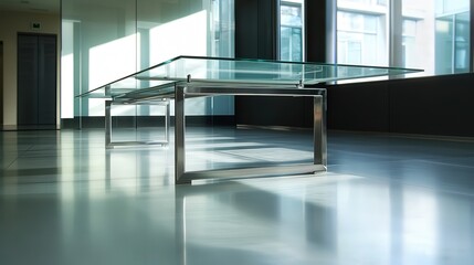 Wall Mural - A glass-topped conference table in a contemporary office, with a minimalist design and a metal frame.