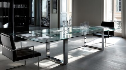 Wall Mural - A glass-topped conference table in a contemporary office, with a minimalist design and a metal frame.