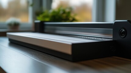 Poster - A guillotine-style paper cutter with a safety guard, designed for precision cutting.