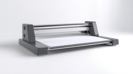 Poster - A guillotine-style paper cutter with a safety guard, designed for precision cutting.