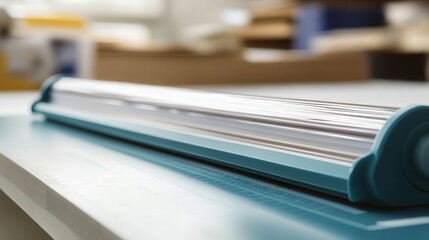 Poster - A heavy-duty paper cutter with a protective safety guard that shields the blade when not in use.