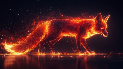 Wall Mural - neon glowing fox with fiery light trails standing on pitch black background
