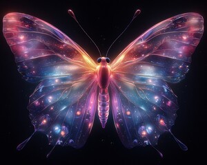 Poster - Iridescent Neon Butterfly Gently Fluttering Against Dark Backdrop Vibrant Glowing Insect Artwork