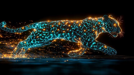 Poster - Sleek Neon Jaguar in Motion with Glowing Spots on Dark Background