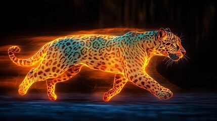 Poster - Sleek Neon Jaguar in Motion Across Jet Black Background with Glowing Spots