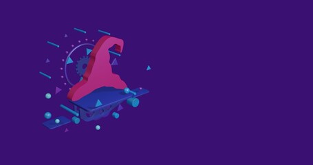 Poster - Pink wizard hat symbol on a pedestal of abstract geometric shapes floating in the air. Abstract concept art with flying shapes on the left. 3d illustration on deep purple background