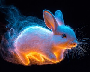 Poster - Neon Rabbit In Mid Leap Against Solid Black Background Glowing Fur Trailing Streaks Of Blue And Pink Light