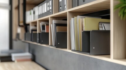 Poster - A large document shelf with separate compartments for different types of documents, designed for office environments that require efficient file organization.