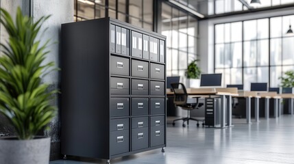 Poster - A large, multi-drawer filing cabinet in a corporate office setting, ideal for managing extensive paperwork.