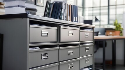 Poster - A large, multi-drawer filing cabinet in a corporate office setting, ideal for managing extensive paperwork.