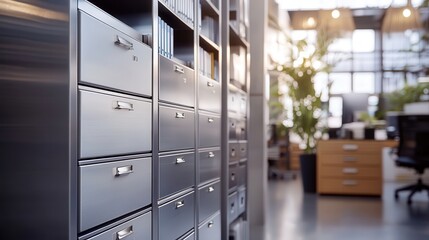 Poster - A large, multi-drawer filing cabinet in a corporate office setting, ideal for managing extensive paperwork.