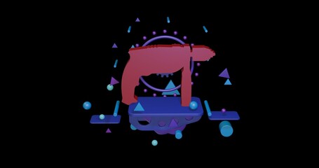 Poster - Red drill symbol on a pedestal of abstract geometric shapes floating in the air. Abstract concept art with flying shapes in the center. 3d illustration on black background