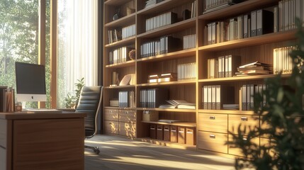 Poster - A large, multi-tiered document shelf in a library-like office. The open shelving provides plenty of room for filing folders