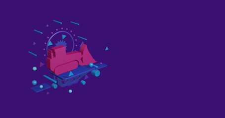 Poster - Pink bulldozer symbol on a pedestal of abstract geometric shapes floating in the air. Abstract concept art with flying shapes on the left. 3d illustration on deep purple background