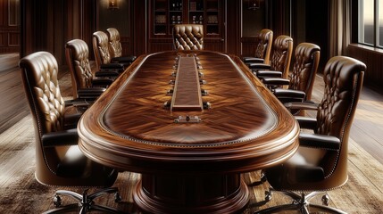 Wall Mural - A large, oval conference table made of rich, dark wood, with padded leather chairs arranged around it.