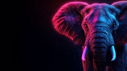 Poster - Majestic Neon Elephant with Glowing Tusks and Ears on Black Background