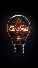 Wall Mural - illuminated christmas text inside light bulb, glowing on dark seasonal background