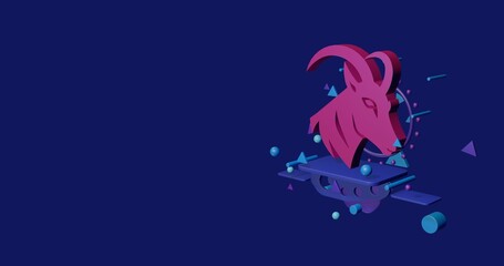 Poster - Pink goat's head symbol on a pedestal of abstract geometric shapes floating in the air. Abstract concept art with flying shapes on the right. 3d illustration on indigo background
