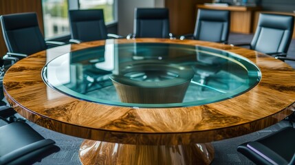 Wall Mural - A large, round conference table made of glass with wooden accents, surrounded by comfortable office chairs.